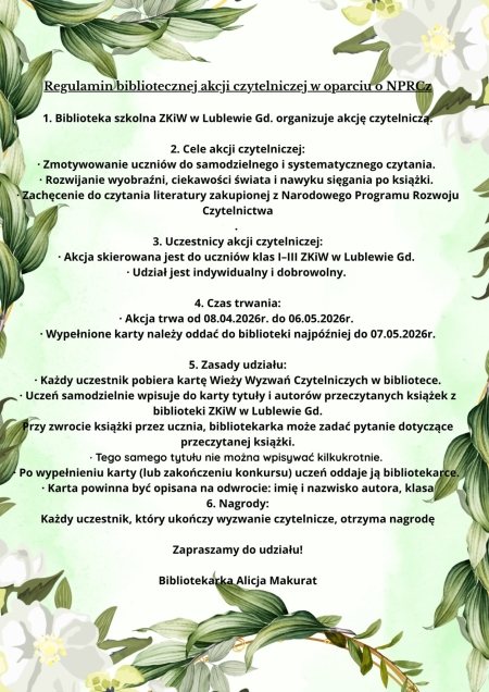 Regulamin bibliotecznej akcji czytelniczej w oparciu o NPRCz