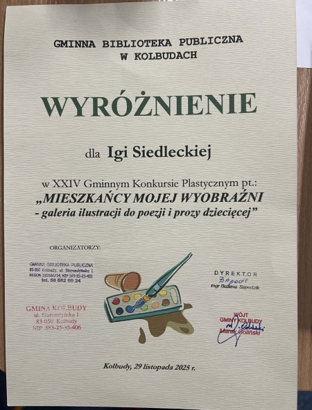 Sukces naszej Uczennicy w konkursie ''Mieszkańcy mojej wyobraźni''